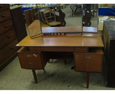 RETRO G-PLAN TRIPLE MIRROR BACKED DRESSING TABLE FITTED WITH FIVE DRAWERS ON TURNED LEGS