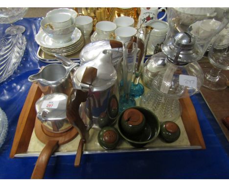 FOUR PIECE RETRO PICQUET WARE TEA SET, GLASS LAMP ETC