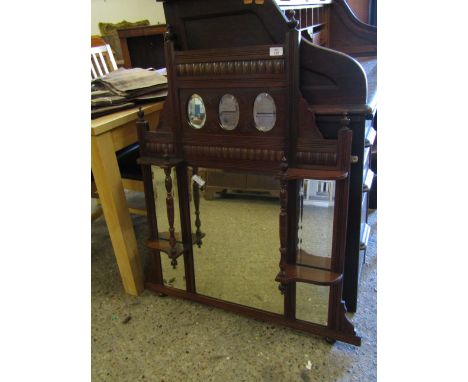 EDWARDIAN WALNUT EIGHT MIRRORED OVER MANTLE MIRROR WITH OPEN SHELVES