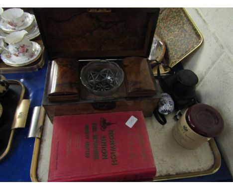 19TH CENTURY WALNUT TEA CADDY WITH TWO FITTED BOXES AND CENTRAL WELL TOGETHER WITH A CAMERA, NORWICH UNION FIRE INSURANCE POL
