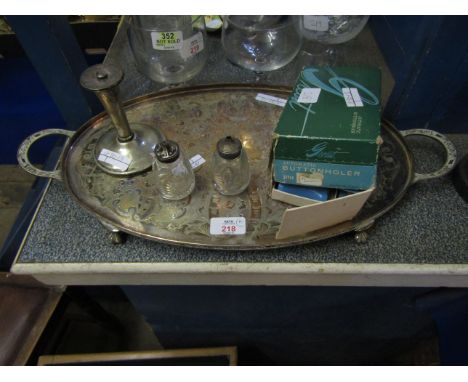 SILVER PLATED TWO HANDLED OVAL TRAY WITH ETCHED DESIGN TOGETHER WITH A PAIR OF GLASS SALT AND PEPPERS AND FURTHER BUTTON HOLD
