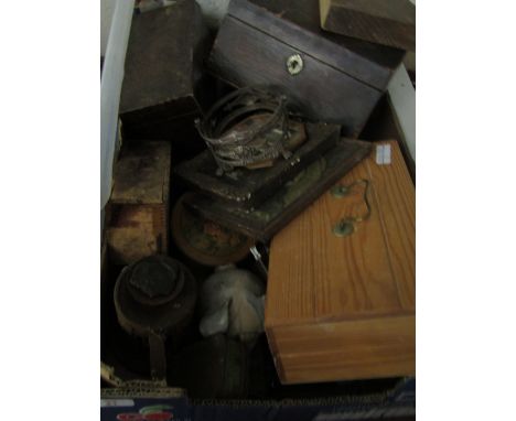 BOX ASSORTED ODDS TO INCLUDE A PINE TABLE TOP BOX, SLOPE FRONTED BOX, ASSORTED VINTAGE BUTTONS, FRAMED PRINTS, CLOCK WEIGHTS 