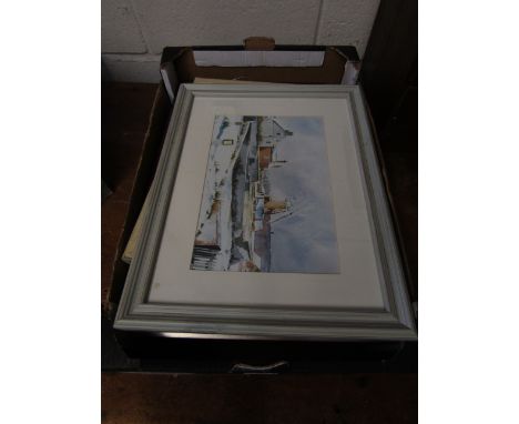 BOX ASSORTED MIXED WATERCOLOURS PRINTS PICTURES ETC