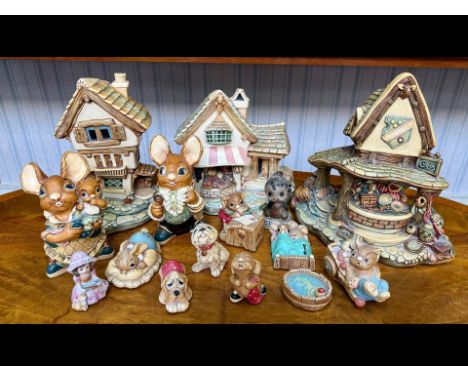 Collection of Pendelfin Figures, comprising three large shops - 'Castle Tavern', 'Fruit Shop' and 'Curiosity Shop', two large
