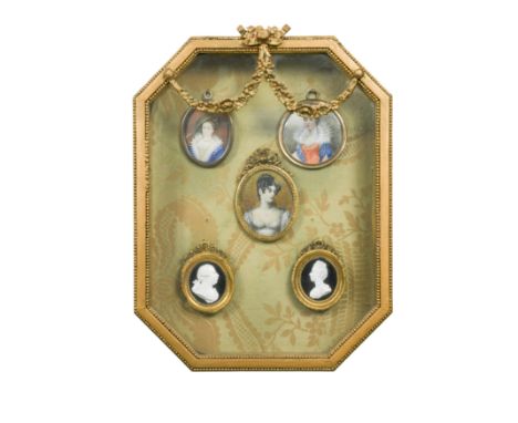 including a pair of pressed glass examples of King George III and Queen Charlotte and three other painted portrait miniatures