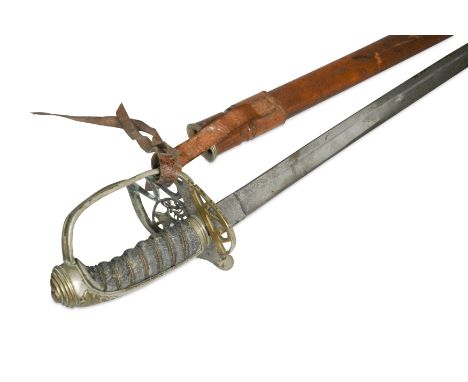the slightly curved, deep-fullered blade etched with 'VR' cipher, leather scabbard the blade 82cm