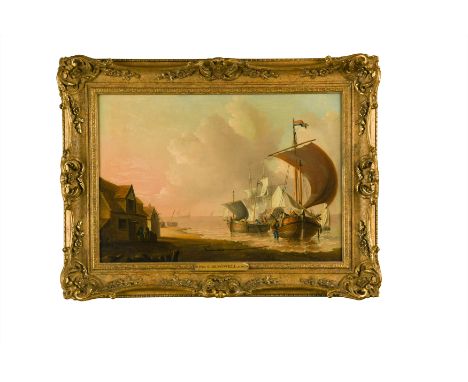 Dutch ships moored inshore unloading goods at an inn oil on panel 33 x 49cmFootnote: Powell was a sailor and self-taught arti