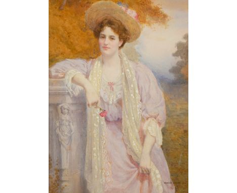 Portrait of a lady in a pink dress, standing in a parkland landscape signed lower right 'Charles Spencelayh' watercolour on p