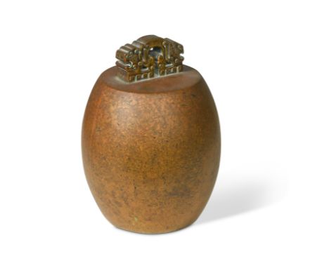 of plain ovoid form, the hanging bracket cast and pierced as two archaic style dragons back-to-back, 15.5cm high