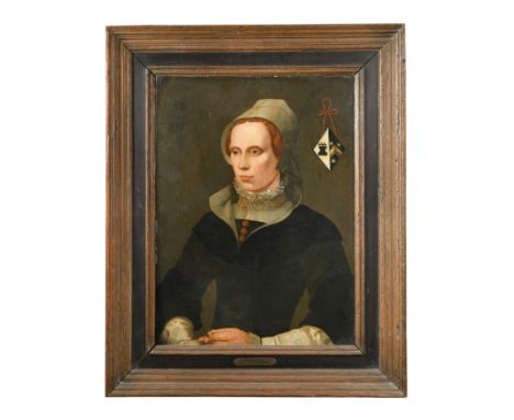 Portrait of a lady, half length, in a black dress with white ruff and headdress, her coat of arms upper right oil on panel 58