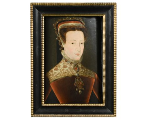 Portrait of Lady Mary FitzAlan, Duchess of Norfolk (1540-1557) head and shoulders, in red, wearing a magnificent jewel oil on