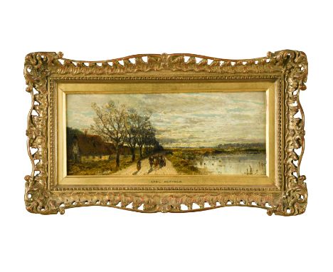 Villagers on a track by a cottage and a pond signed lower right ‘K Heffner’ oil on panel 11.5 x 27.5cmFootnote: Provenance: S