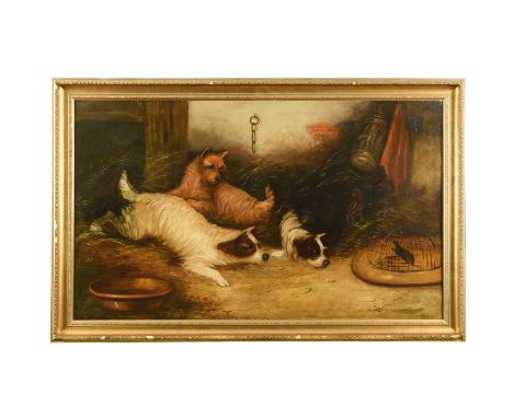 Terriers with a rat signed lower right 'J Langlois' oil on canvas 75 x 126cmCondition report: Oil on canvas which has been li