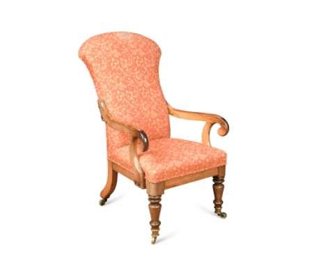 with scroll end arms, turned legs and brass casters 118 x 162 x 65cmCondition report: Some light fading to timber, some wear 