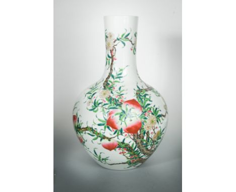 of bottle shape painted with fruiting peach branches with bats, bearing apocryphal Qianlong seal mark, 59cm highCondition rep