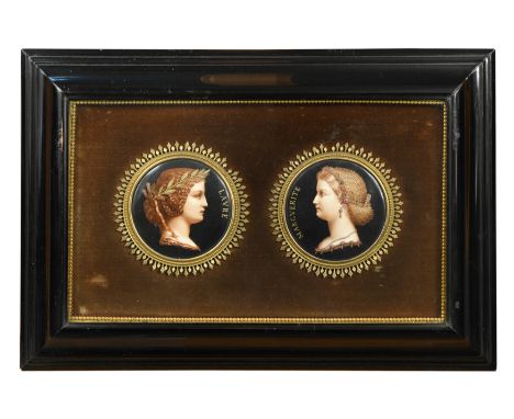 a pair of enamel circular portrait plaques of classical maidens, titled 'Laure' and 'Marguerite, signed and dated 'I.P.V 1860
