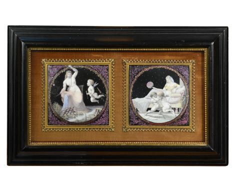 a pair of square enamel plaques, finely painted with allegorical scenes of semi nude classical women with cupids, titled 'LE 