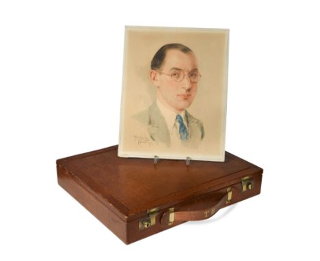 with accompanying watercolour portrait signed 'Tony Binder 1933', the case with flip-over writing surface in the lid and calf