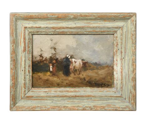 Figures leading a cow near a field signed lower right 'R. McGregor' oil on panel 11 x 16cm
