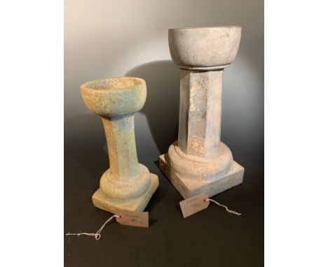 on octagonal stem and square base 43.5cm high; another similar smaller greenstone example 32.5cm high (2)Condition report: Th