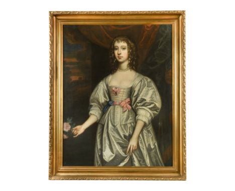Portrait of a lady, three-quarter length, in white with pink bows, holding roses oil on canvas 117 x 90cmCondition report: La