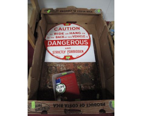 An Enamel Sign (Dangerous), believed to be from a tram, a 1960's conductor's badge, four tramways brass buttons, Acme Thunder