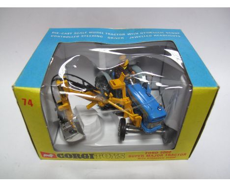 A Window Boxed Original Corgi No. 74 Ford 5000 Super Major Tractor with Hydraulic Scoop, very good, missing one headlight, bo