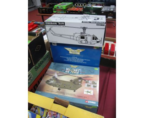 Three Boxed Corgi Diecast Helicopters, 1:48 scale "Firebase" Nam UH-1C Huey "Hog" helicopter U.S. Army, Aviation Archive 1:72