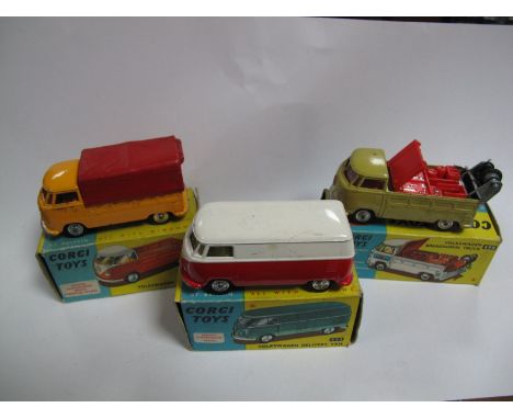 Three Boxed Original Corgi Diecast V. W Vans, No. 433 V. W Delivery Van, two tone red and white, chipping and slight rust to 