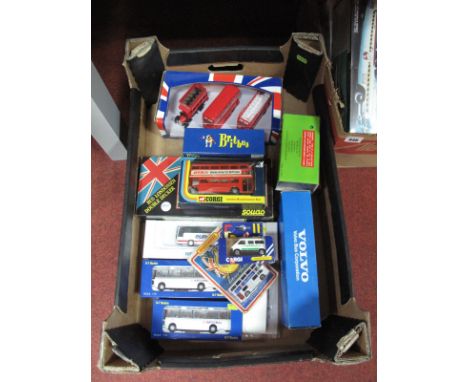 A Mixed Box of Diecast Buses, by Solido, Corgi, Britbus, BT Models and others, including a Volvo coach, Leyland Leopard and L