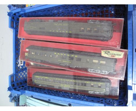 Five "HO" Scale Model Railway Twelve Wheel Santa Fe Coaches, in green, by Rivarossi. All boxed.