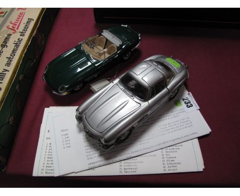 Two Franklin Mint Highly Detailed Diecast 1:24 Scale Model Cars, 1954 Mercedes Benz 300 SL and 1961 Jaguar E-Type, both with 