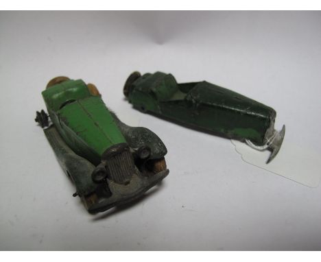 Two Pre-war Dinky 1934 Twenty Four Series Two Seater Tourers, for restoration. One green, fatigued, no chassis, rear arch bro