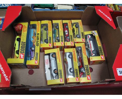 Ten Window Boxed Corgi Whizzwheels, all playworn to fair, with crushing, tears, damage to cellophane boxes, some parts missin