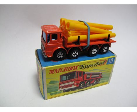 Matchbox Superfast 1-75 No.10  Pipe Truck, orange narrow wheels, yellow pipes, grey base and grill. Overall very good plus. P