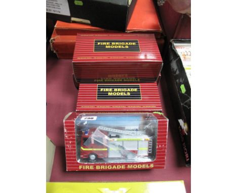 Four Boxed Fire Engines, 1:50 scale diecast models by Paul Slade, Dennis "Leicestershire", Scania "Cambridgeshire", Ateco "Lo