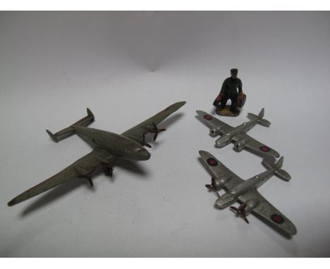 Three Immediate Post War Dinky Aircraft, two silver medium bombers (one missing propellers) and a four engine liner in grey a