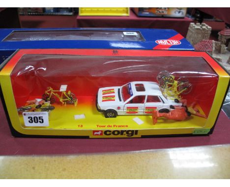 Boxed Corgi Gift Set No.13 Tour de France 1981, Team Raleigh with Peugeot car, four cycles, two riders and shouting coach wit