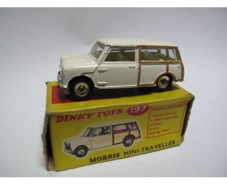 Boxed Original Dinky No. 197 Morris Mini Traveller, some chipping and wear to raised edges, ivory colour, yellow interior, bo