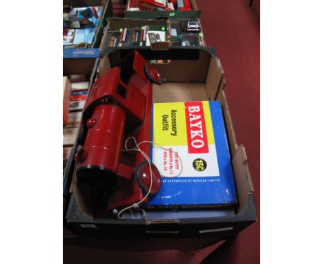 A Mid XX Century Tri-ang Steel Train, stamped LMS plus a No.2 Bayko set and a small quantity of Meccano in a Bayko box.