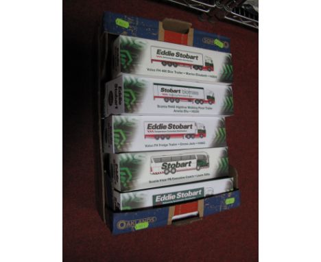 Ten Boxed 1:76 Scale Diecast Eddie Stobart Vehicles, including Scania, Volvo, Man, AEC, Atkinson and Ford Trucks, a "Conescra