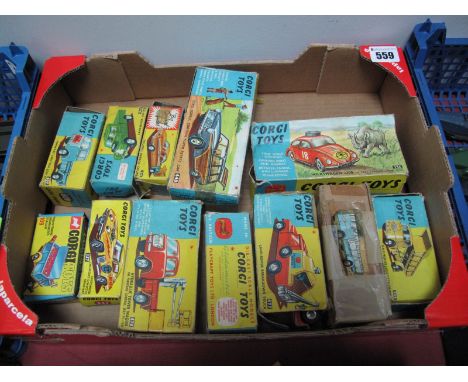 Twelve Boxed Original Corgi Diecast Toys, all playworn with some parts missing and crushing, tears and repairs to boxes, incl