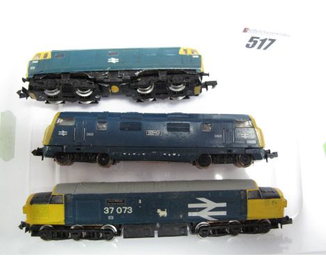 Three "N" Gauge Diesel Locomotives, Arnold Rapido-Class 35, Hymek, Trix Class 42, "Hermes" Warship Class and Graham Farish Cl