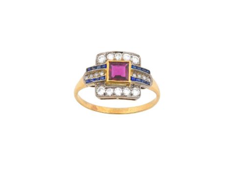 A Synthetic Ruby, Synthetic Sapphire and Diamond Ringthe square cut synthetic ruby in a yellow millegrain setting, flanked by