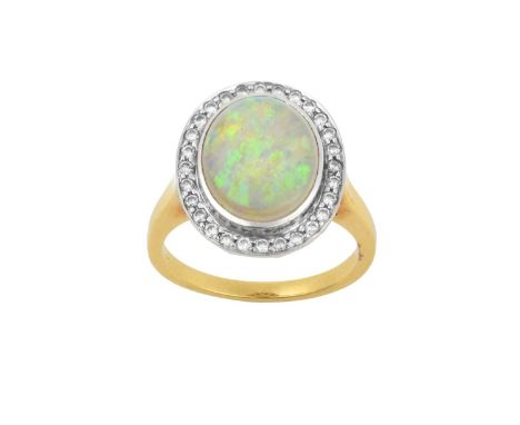 An Opal and Diamond Cluster Ringthe oval cabochon opal in a white rubbed over setting, within a border of round brilliant cut