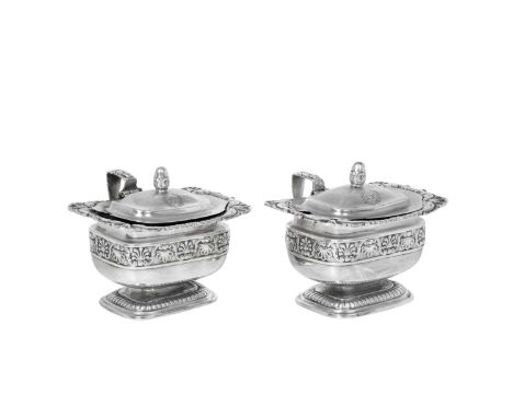 A Pair of George III Silver Mustard-Pots,  by Paul Storr, London, 1818 each oblong and on conforming lobed foot, the rim chas