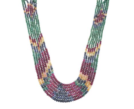 A Multi-Gem Bead Necklaceseven strands of faceted emerald, ruby, orange and blue sapphire beads, to a multi-coloured and gold