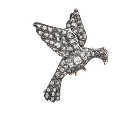 A Diamond Brooch realistically modelled as a bird, set throughout with old cut and rose cut diamonds, in white claw settings,