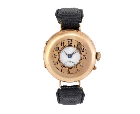 A 9 Carat Gold "Trench" Type Half Hunter Wristwatch, 1938, manual wound lever movement, split bimetallic balance with a blued
