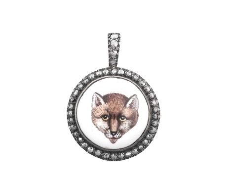 A 19th Century Enamel and Diamond Pendantthe circular plaque enamelled to depict a fox, within a border of rose cut diamonds,